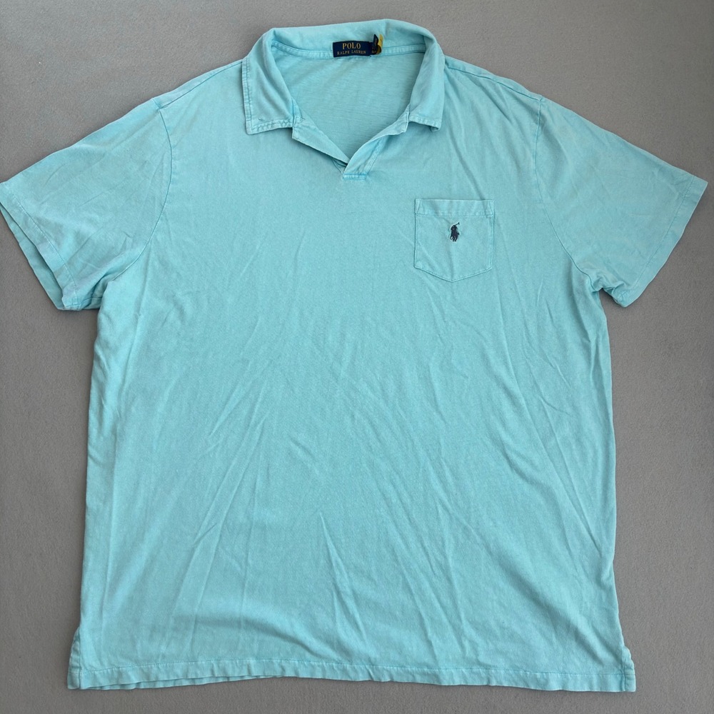 Polo Ralph Lauren Mens XXL Light Blue Cotton Linen V-Neck Pocket Polo Shirt